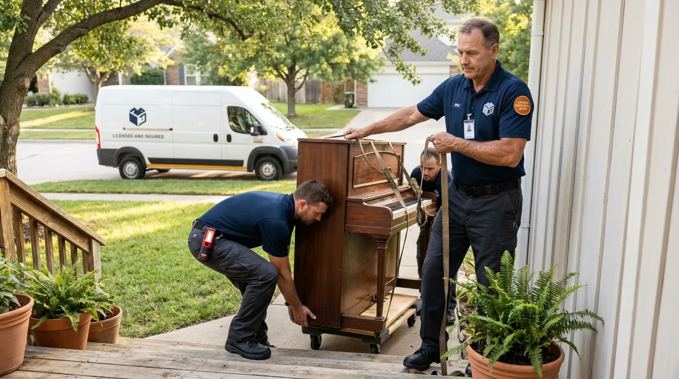 Licensed piano movers securing grand piano in Pittsburg, CA