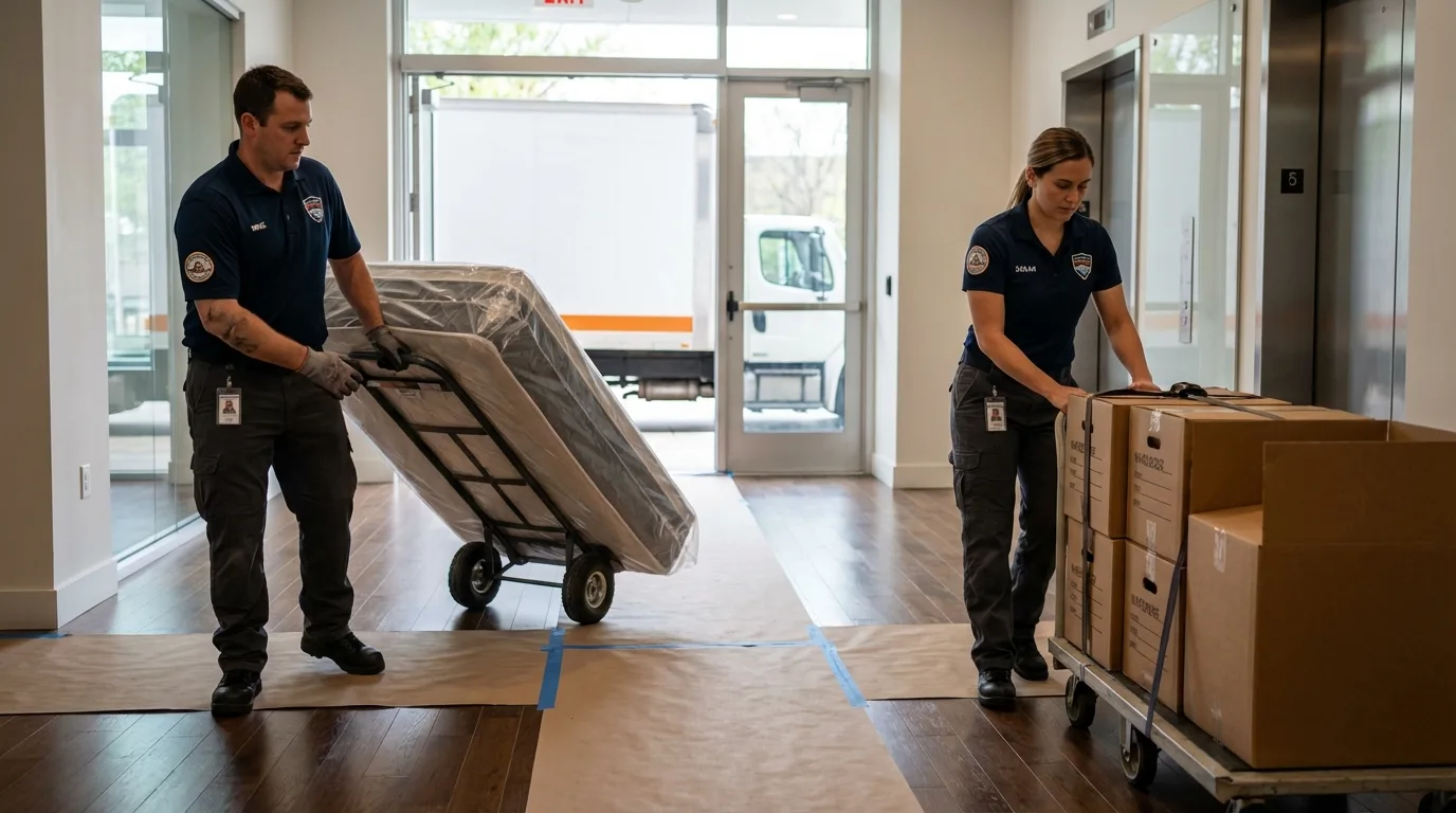 Professional apartment movers loading elevator in Pittsburg, CA